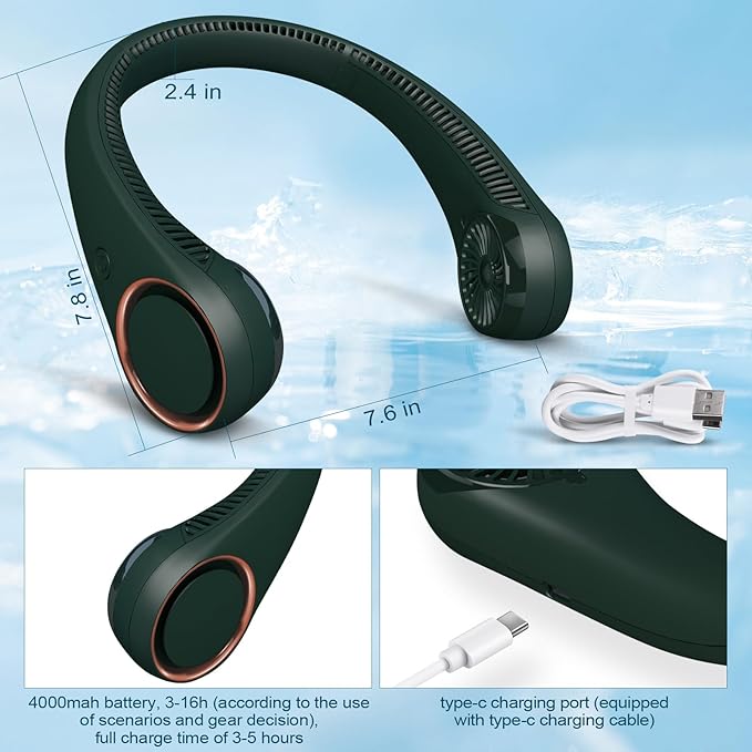 CIVPOWER Neck Fan: Portable Personal Neck Cooling Rechargeable Bladeless Fan - Hands Free 3 Speed 4000 mAh Battery USB Operated Wearable Headphone Design - Gift for Men Women Outdoor (Dark Green)