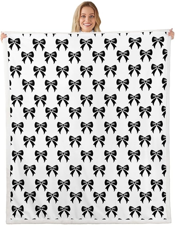 Bowknot Kids Throw Blanket,Cartoon Bowknot Girlish Bed Blanket for Girls Boys Adults,Cute Princess Style Fleece Blanket,Black White Fashion Fuzzy Blanket,Baby Size (30 x 39 Inches)