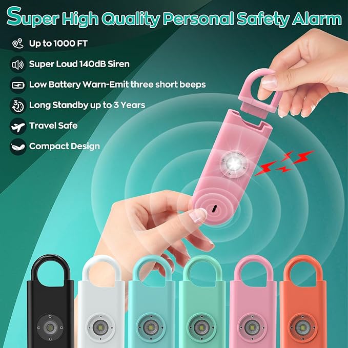 Fauxomor 140dB Personal Safety Alarm for Women, 6 Pack Safe Alarm Protection Keychain with Strobe Light & Low Battery Notice, Security Siren Self Defense for Seniors College Girls, Pink+Blue+Black