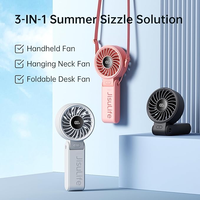 JISULIFE Handheld Fan Life7 – Ultimate Flexibility: Wide & Strong Airflow, 13H Max Cooling, 3600mAh Rechargeable, 5-Speed, LED Display, 3 IN 1 Portable Fan for Travel, Concerts, Sports Events(Grey)