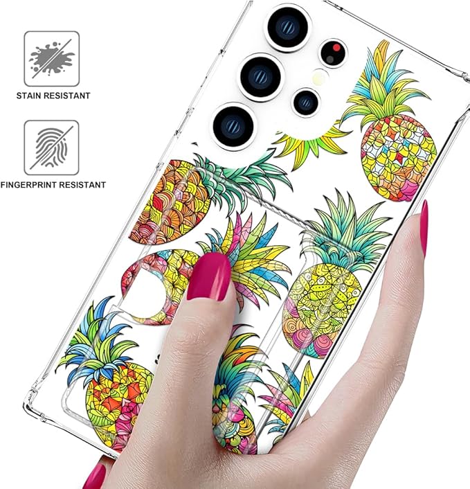 Compatible with Samsung Galaxy S24 Ultra Case Card Holder for Women Cute Design,Wallet Phone Cases Transparent Cool Kawaii Protective (Clear Pineapple Fruit Tropical)