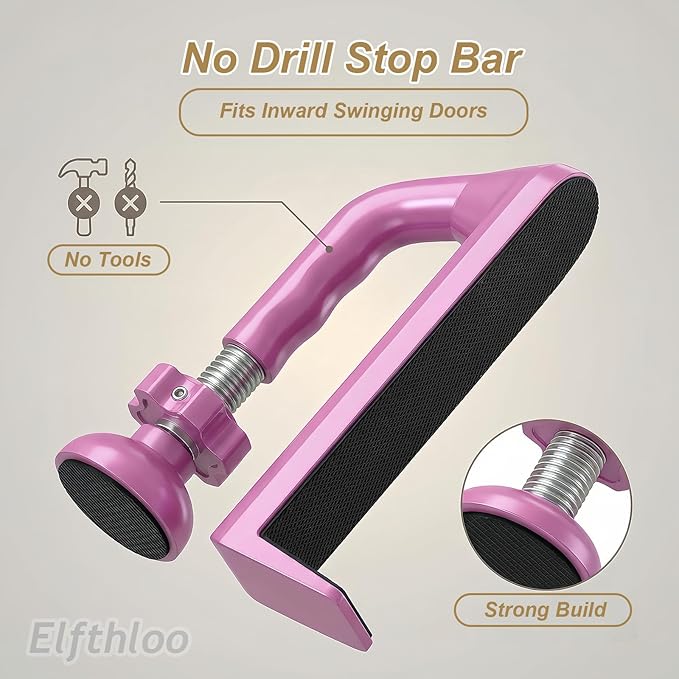 Portable Hotel Door Lock Stopper Travel Security Brace Safety, No Drill Stop Bar Fits Inward Swinging Doors Safety Self Defense Personal Protection for Apartment, Pink, 1 Pack