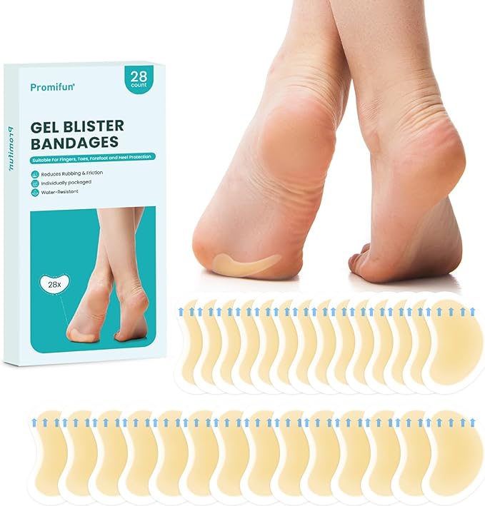 Promifun Blister Pads - 28 ct Water Resistant Hydrocolloid Bandages for Foot, Toe, Heel - Gel Blister Cushions for Prevention & Recovery, Spot Pack