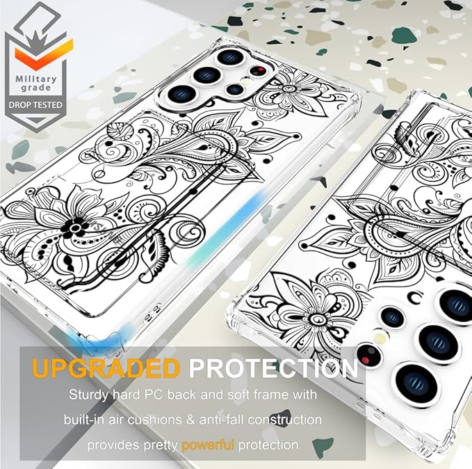 Compatible with Samsung Galaxy S24 Ultra Case Card Holder for Women Cute Design,Wallet Phone Cases Transparent Cool Kawaii Protective (Clear Black Henna Flower)