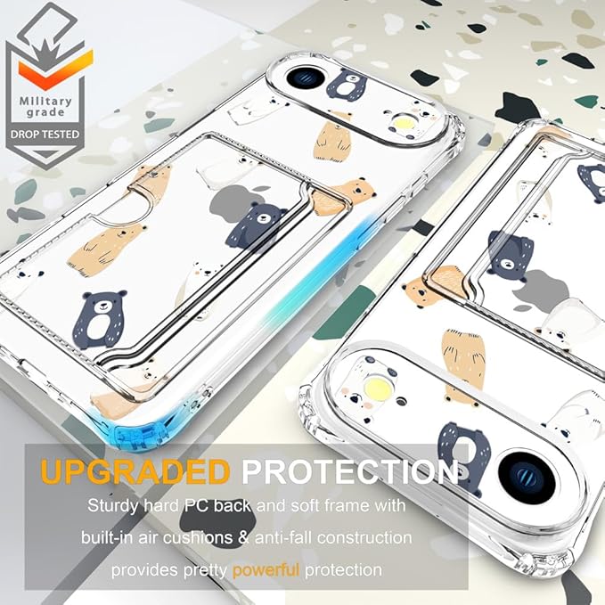 Compatible with iPhone 17 Air Case Card Holder for Women Cute Design,Wallet Phone Cases Transparent Cool Kawaii Protective (Clear Lovely Bears Funny)