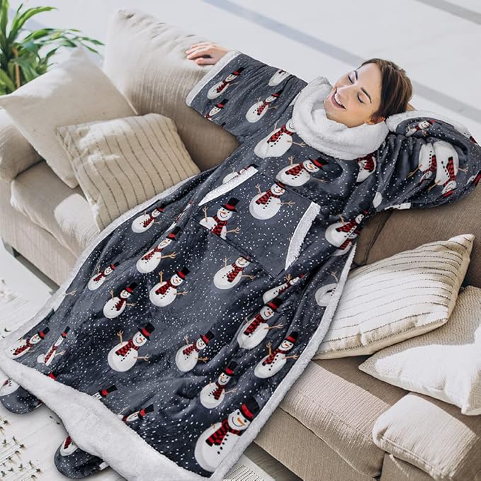 PAVILIA Sherpa Blanket with Sleeves, Foot Pocket for Women Men Adults, Thick Wearable Blanket Throw Wrap, Fleece Warm Snuggle Blanket Robe, Cozy Gift Ideas Wife Mom, Snowman Gray