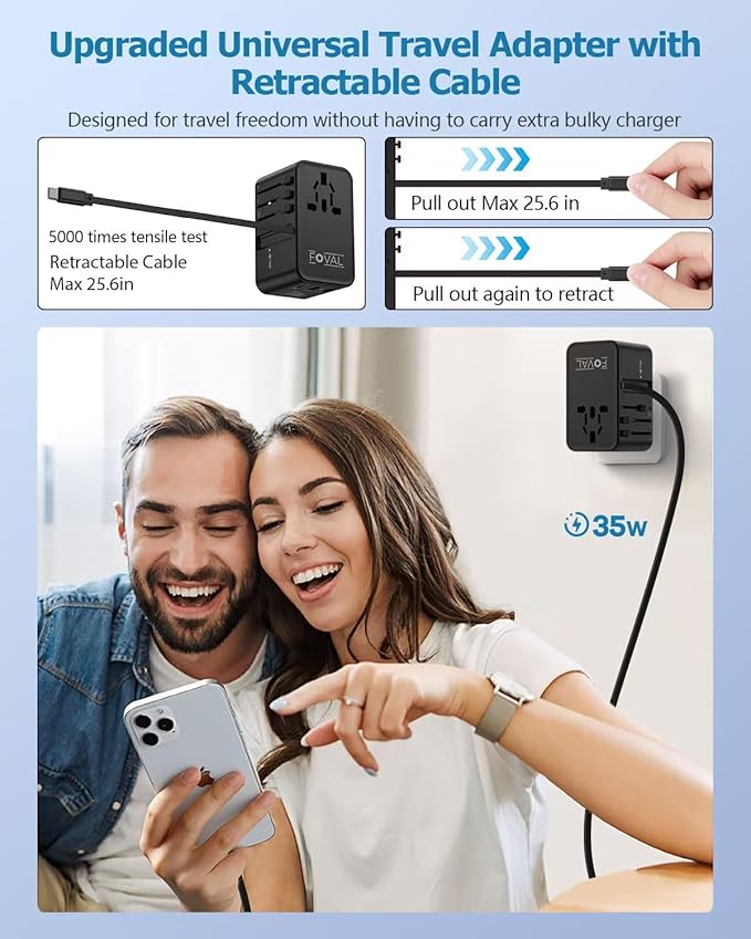 FOVAL European Travel Plug Adapter, Universal Travel Adapter with Retractable USB C Cable, All-in-one International Power Adapter for Europe Italy UK US AUS (35W)