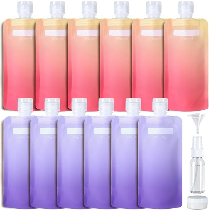 PACKISM 15 Pack Travel Pouches for Toiletries - 3 oz Leak Proof TSA Approved Liquid Containers, Squeeze Bags for Shampoo Lotion, Space Saving Refillable Carriers, Gradient Purple Cherry Yellow