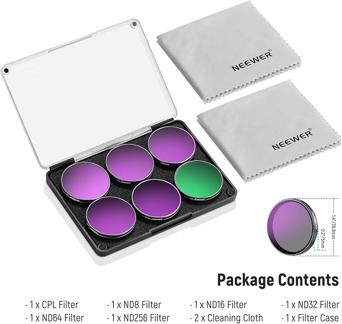 NEEWER ND Filter Set Compatible with DJI Osmo Action 5 Pro/4/3, 6 Pack Neutral Density ND8+ND16+ND32+ND64+ND256+CPL, Action Camera Lens Accessories Multicoated HD Optical Glass + Cleaning Cloth