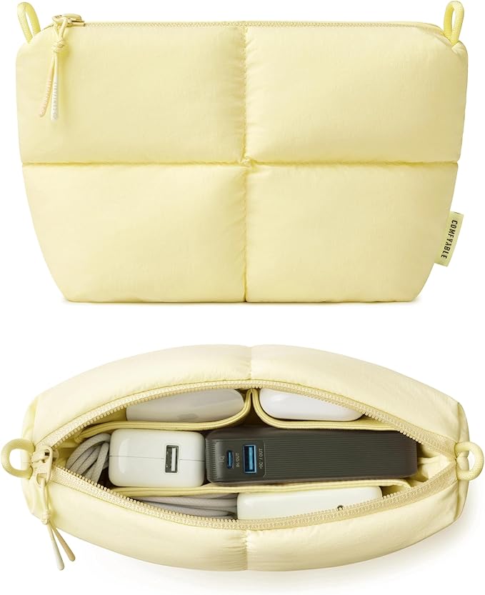 Comfyable Puffy Electronics Organizer Travel Case, Cute Tech Pouch for Women Men, Cable Storage Bag for Charger, Phone, Power Bank, Cord, Compact Tech Accessories Pouch, Butter Yellow