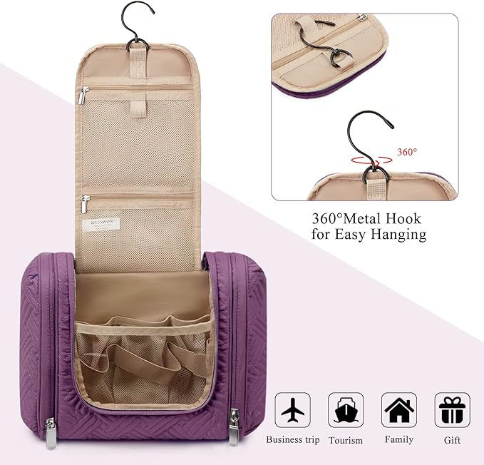 BAGSMART Atlas Travel Toiletry Bag for Women, Hanging Toiletry Bag with Hook, Travel Cosmetic Makeup Bag Travel Organizer for Accessories, Shampoo, Full Sized Container, Toiletries,Purple-Medium