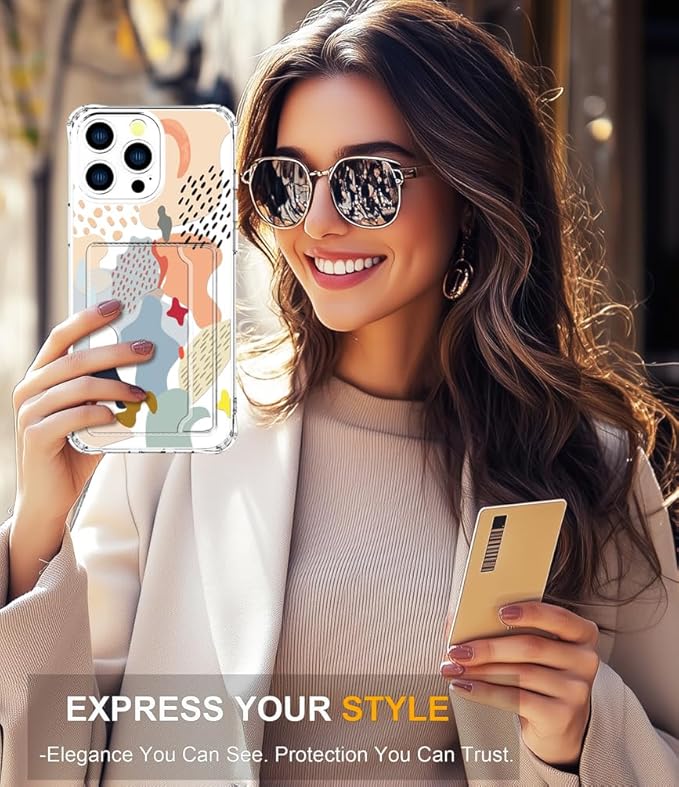 Compatible with iPhone 16 Pro Case Card Holder for Women Cute Design,Wallet Phone Cases Transparent Cool Kawaii Protective (Clear Abstract Art)