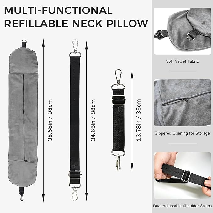 Flight Pillow Stuffed Neck Pillows Storage Bag Adjustable U-Shapes Airplane Pillow with Extra Luggage Soft Car Travel Essentials No Filler Gray