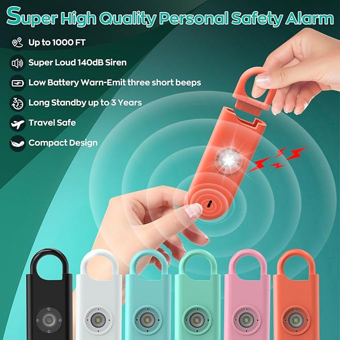 Fauxomor 140dB Personal Safety Alarm for Women, 3 Pack Safe Alarm Protection Keychain with Strobe Light & Low Battery Notice, Security Siren Self Defense for Seniors College Girls, White+Orange+Black