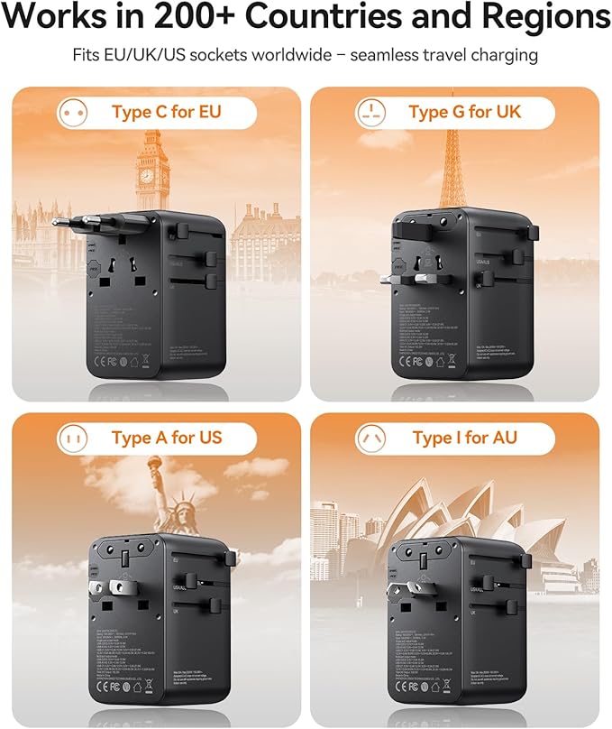 ORICO 70W Universal Travel Adapter with 2 AC Outlets and 3 USB-C and 2 USB-A Ports, Built-in Retractable USB-C Cable, Type A, C, G, I Outlets, International Travel Adapter for Global Travel