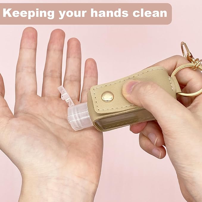 4 Pack Portable Travel Hand Sanitizer Keychain Holder with Funnel, Small Leather Empty Travel Size, 30ml Mini Hand Sanitizer with Refillable Bottle for Toiletry Shampoo Lotion Liquid Soap