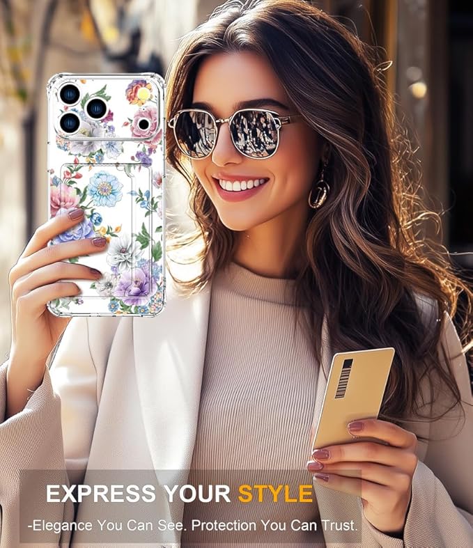 Compatible with iPhone 17 Pro Max Case Card Holder for Women Cute Design,Wallet Phone Cases Transparent Cool Kawaii Protective (Clear Amazing Lovely Flowers)