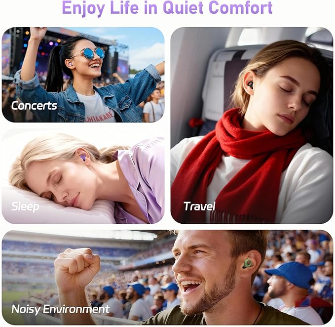 Silicone Ear Plugs for Sleeping, Noise Cancelling Reusable Earplugs with Comfortable Fit – Hearing Protection for Sleep, Concerts, Travel – 4 Pairs, Black + Purple