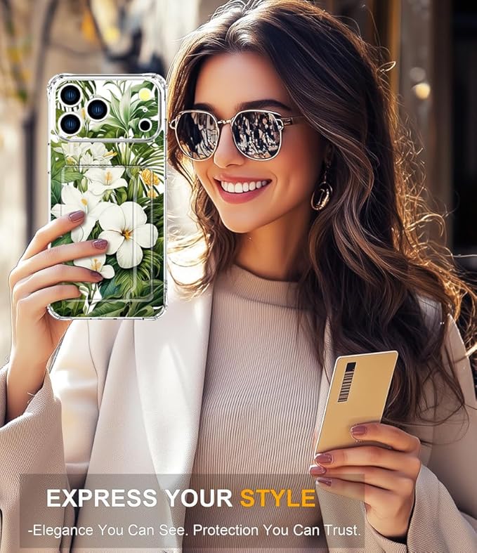 Compatible with iPhone 17 Pro Case Card Holder for Women Cute Design,Wallet Phone Cases Transparent Cool Kawaii Protective (Clear Green Flowers Tropical Jungle)