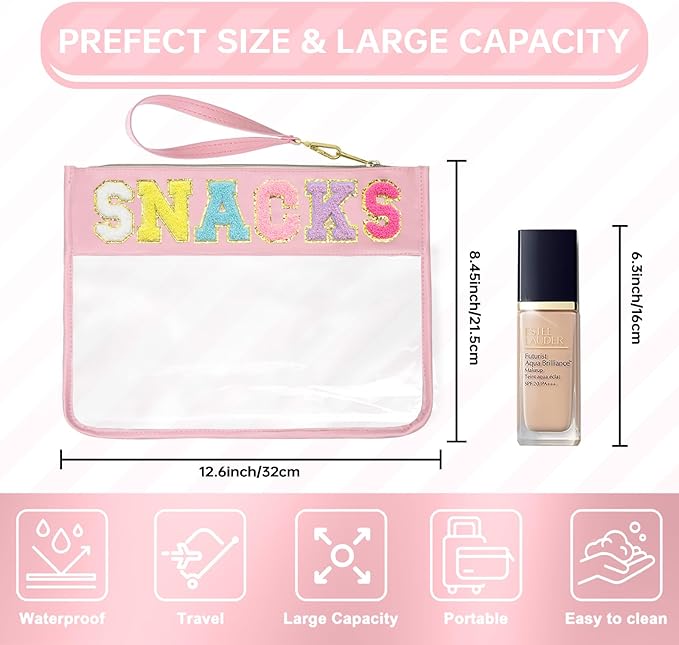 Siwara Snack Bags Clear Pouch Travel Makeup Bag Chenille Letter Bags for Zipper Pouch Clear Cosmetic Bag Clearly Tote Bag Makeup Travel Bags for Women