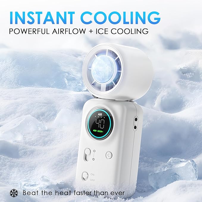 FurBall 4-IN-1 Portable Handheld Fan with Ice Cooling, High-speed Turbo Power 100 Gear Adjustable, LED Display, 6000mAh Rechargeable Battery, Foldable & Quiet Personal Fan for Travel, Office, Outdoor