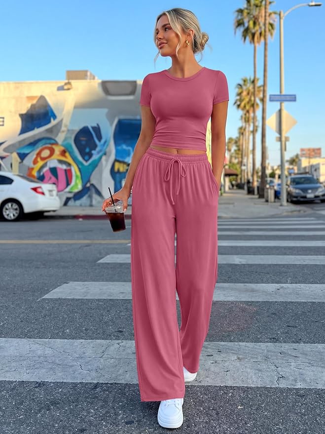 Trendy Queen 2 Piece Matching Summer Lounge Set Womens Side Ruching Top Wide Leg Pants Sets with Pockets
