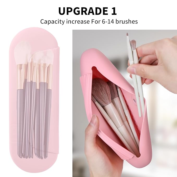 AGIKET 2 IN 1 Silicone Makeup Brush Holder with Beauty Make Up Sponge Holder Case：Soft Portable Cosmetic Face Brushes Holder with Upgrade Anti-Fall Out Magnetic Closure - Pink