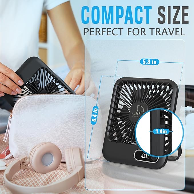Small Travel Fan For Sleeping, USB-C Rechargeable Battery Powered Personal Mini Desk Fan for Office, Bedroom, Hotel Room - Folding Flat, Easily Portable & Travel-Ready, Battery Saving Display & Timer