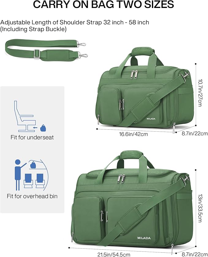 MILADA Carry On Luggage Bags for Travel Lightweight Personal Item Travel Bag Foldable Large Duffle Bag for Travel Tote Overnight Bags for Women Mens Weekender Bags, Forest Green