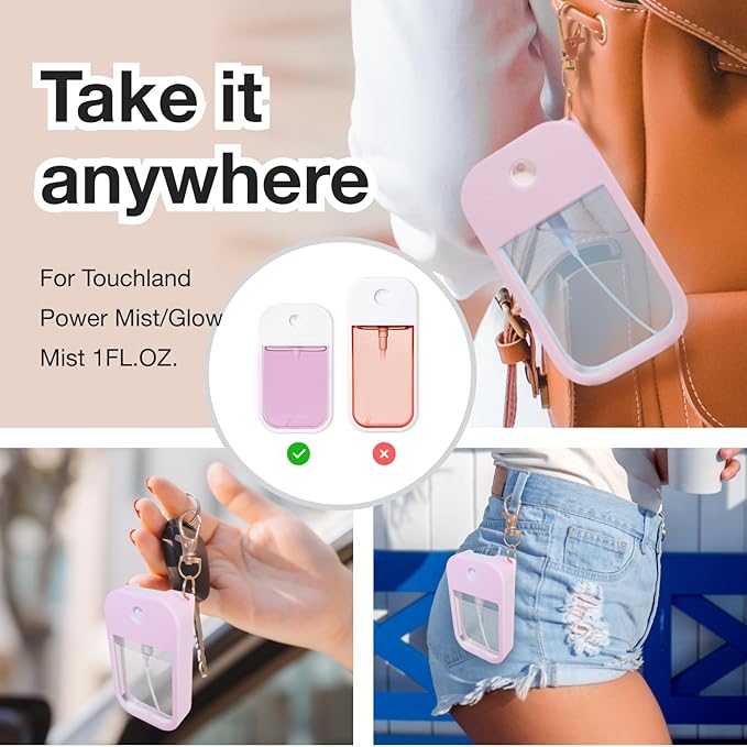 2 PCS Soft Silicone Case for Touchland Power Mist (1FL. OZ./30 mL), Protective and Stylish Case with Keychain Compatible with Touchland Hand Sanitizer Spray (Pink/White)