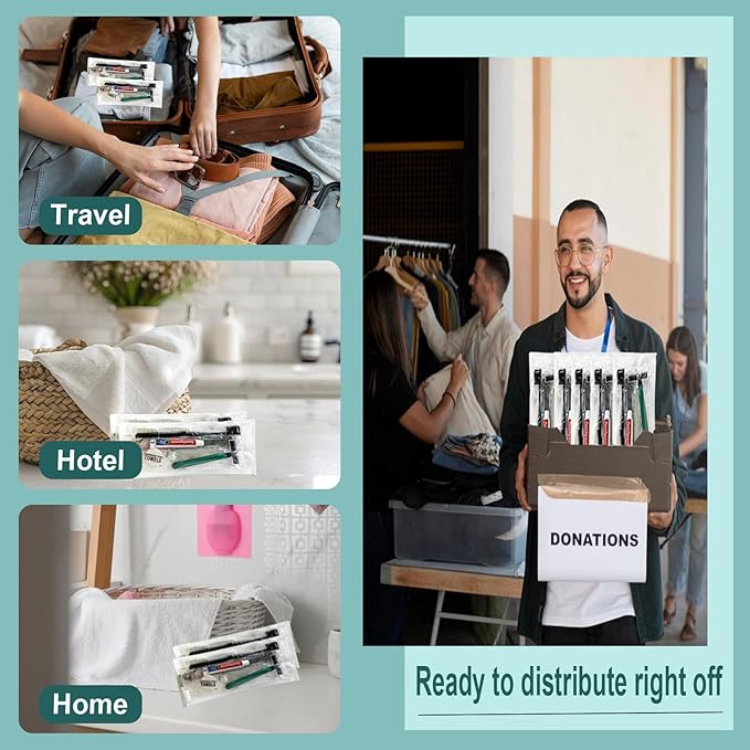 12 Sets Personal Hygiene Kit Bulk, Disposable Toothbrushes with Toothpaste, Comb, Shaving Razor, Towel, Cover, and Vanity Kit, Toiletry Kits Homeless Bulk Supplies for Women, Men, Travel, Homeless