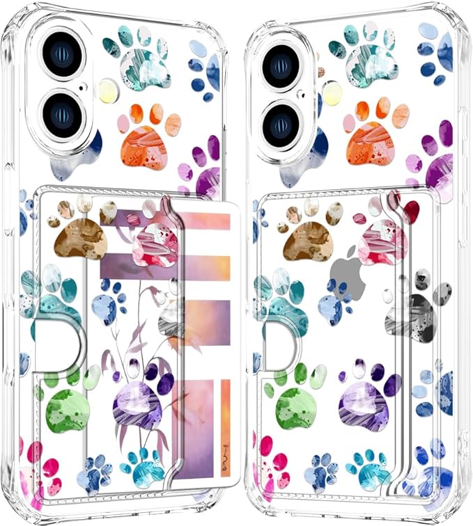 Compatible with iPhone 17 Case Card Holder for Women Cute Design,Wallet Phone Cases Transparent Cool Kawaii Protective (Clear Lovely Dogs Paws)
