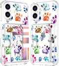 Compatible with iPhone 16 Case Card Holder for Women Cute Design,Wallet Phone Cases Transparent Cool Kawaii Protective (Clear Lovely Dogs Paws)