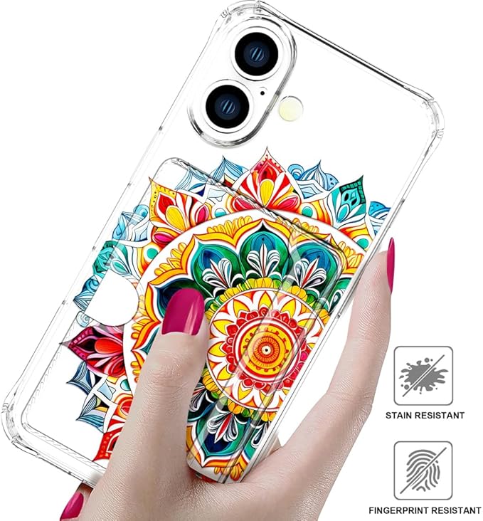 Compatible with iPhone 16 Plus Case Card Holder for Women Cute Design,Wallet Phone Cases Transparent Cool Kawaii Protective (Clear Mandala Henna Flower)
