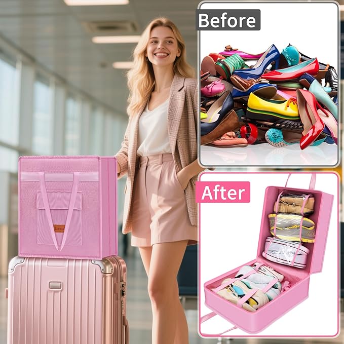 SelfTek Shoe Bags for Travel with Handle, Waterproof Large-Capacity Family Travel Shoe Bag Organizer for Multiple Shoes, Shoe Travel Bags for Packing, Suitable for Luggage Handle (pink)