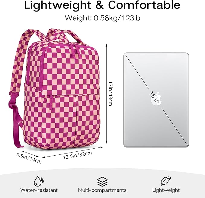 Checkered Backpack for Women Fashion Backpacks with Laptop and Multi Compartment for Travel and Work Rose Red Check