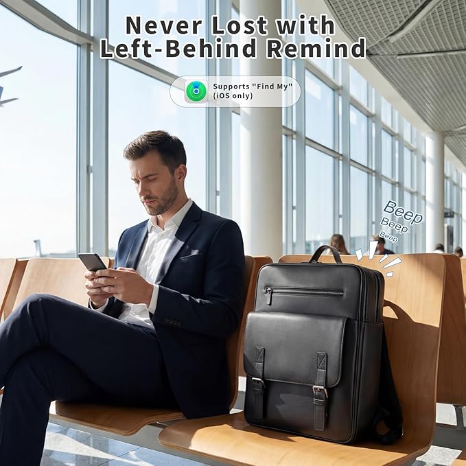 BBMars Smart Anti-Theft Backpack: Biometric Lock, Support Find My (iOS Only), Luxury Black Leather 15.6" Laptop Executive Bag for Men, Business Travel Daypack