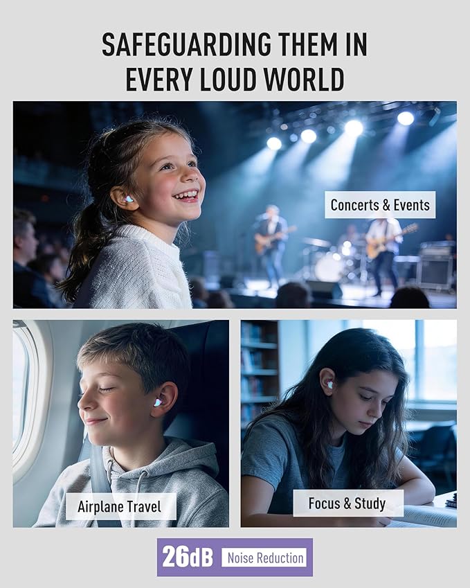 Kids Ear Plugs (6-12 Years) with Cord, Kids Ear Protection Reusable Noise Relief Earplugs for Focus, Travel, Concert, Socializing, Events, Sleep, Anxiety, Home, School, Playtime -26dB Noise Reduction