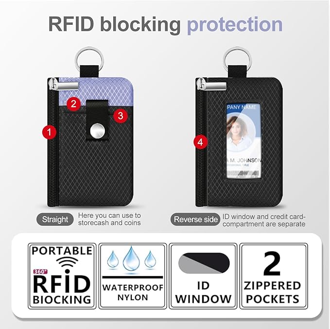 Minimalist RFID Blocking Small Wallet with ID Window,WaterResistant Zip Id Case Wallet with Lanyard Keychain for Cards,Cash,Travel,Women,Men (Black/Lavender Purple)
