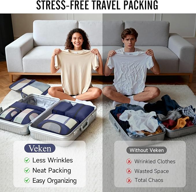 Veken 8 Set Packing Cubes for Travel Essentials, Suitcase Organizer Bags in 4 Sizes, Carry-On Luggage Accessories with Large Laundry Bag & Passport Holder, Must-Have for Airplane, Road Trip & Camping