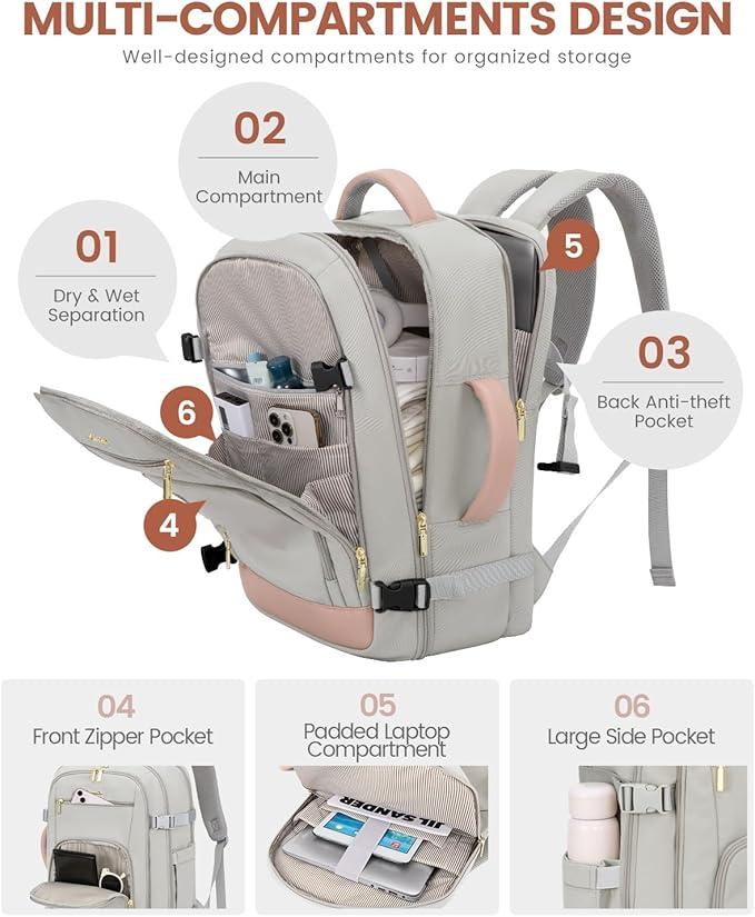 LOVEVOOK Large Travel Backpack For Women, 50L Carry On Backpack Flight Approved, TSA Personal Item Bag, Waterproof Laptop Backpack Fits 18 Inch Laptop, Business Weekender Overnight With 3 Cubes, Grey