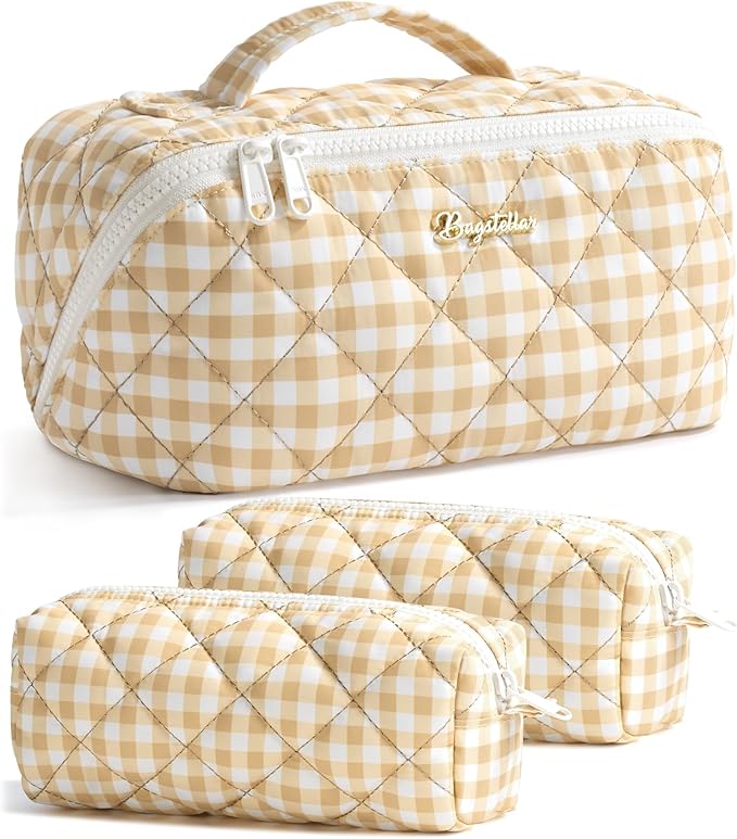 Travel Makeup Bag, 3 Pcs Large Capacity Puffy Toiletry Bag for Women, Open Flat Make up Cosmetic Organizer w/Handle & Clear Divider Water-resistant Portable Pouch Travel Essentials, M-Beige Plaid