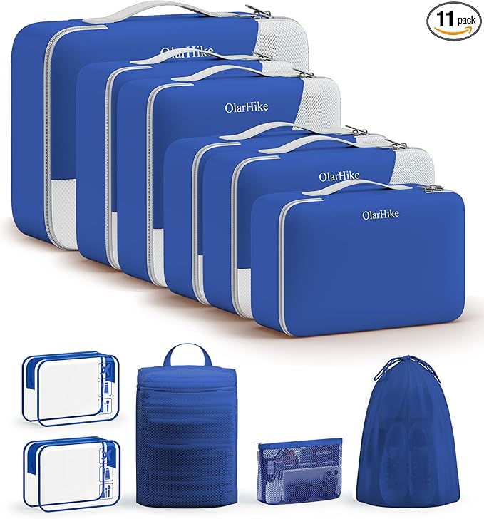 11 Set Packing Cubes for Travel, Gifts for Women Mom Kids, TSA Approved Bags for Makeup, Cosmetic, Toiletry, Suitcase Organizers for Checked Luggage, Cruise Essentials,Airplane Accessories, Klein Blue