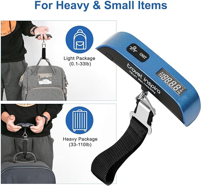travel inspira Luggage Scale, Portable Digital Hanging Baggage Scale for Travel, Suitcase Weight Scale with Rubber Paint, 110 Pounds, Battery Included - Blue