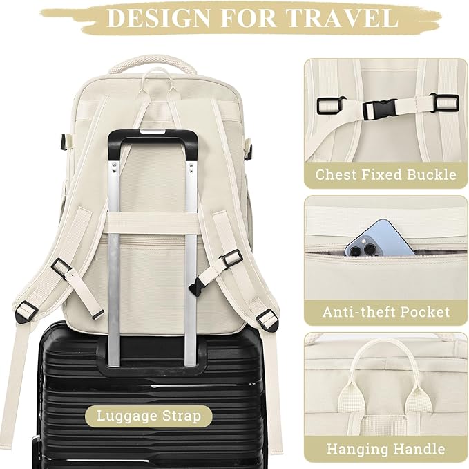 Sinaliy Travel Backpack, 40L 17 inch Laptop Waterproof Backpack Carry on Flight Approved, Personal Item Travel Bag, Casual Daypack for College, Business, Weekend, Work, Beige