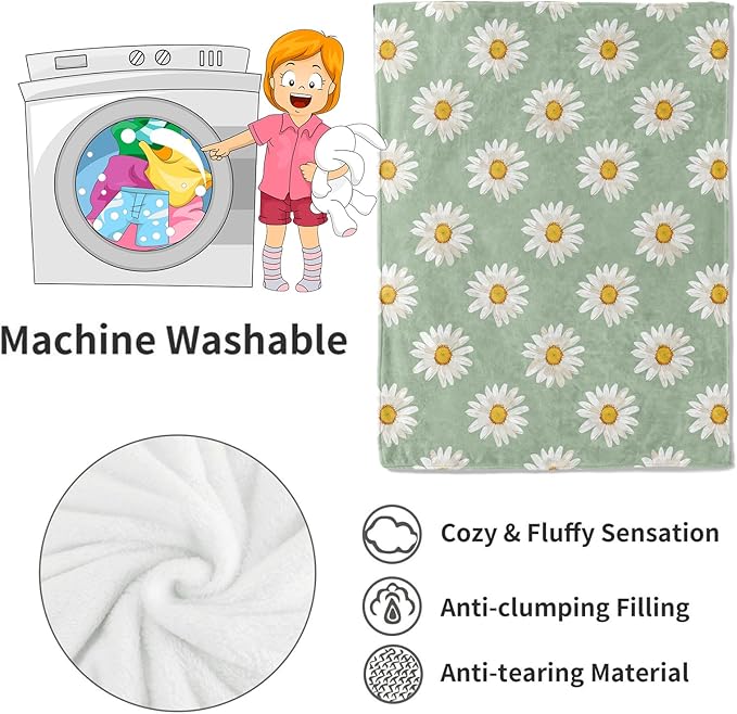 Daisy Blanket Butterfly White Floral Pattern on Mint Green Throw Blankets Gifts for Girls Women Lightweight Soft Fleece Cozy for Sofa Couch Bed Room Birthday Boho Spring Decor 40x50in
