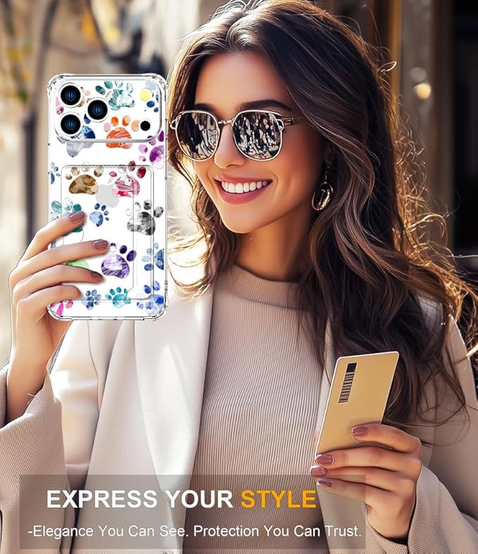 Compatible with iPhone 17 Pro Max Case Card Holder for Women Cute Design,Wallet Phone Cases Transparent Cool Kawaii Protective (Clear Lovely Dogs Paws)