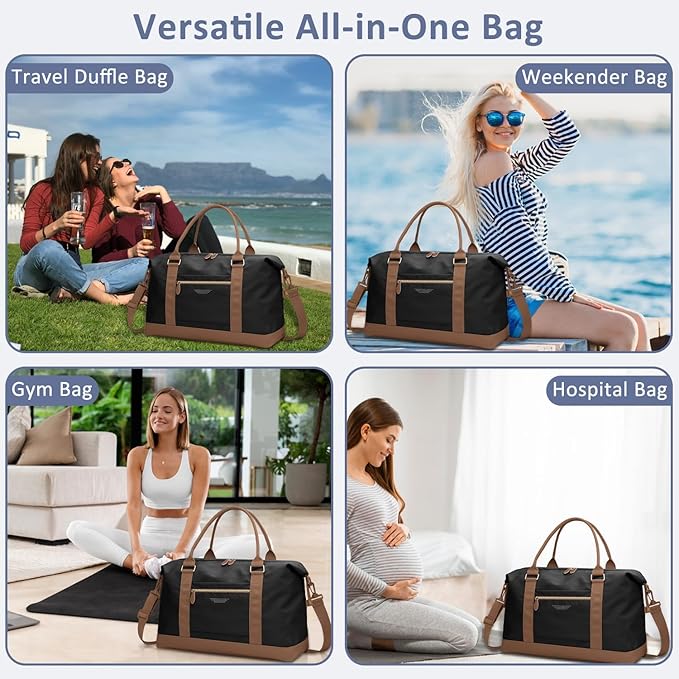 ELONGRIVER Travel Duffle Bag for Women, Weekender Bags, Hospital Bag for Labor Delivery, Lightweight Tote Duffel Overnight Bag with Luggage Sleeve, Airplane Travel Bags with Toiletry Bag, Large, Black