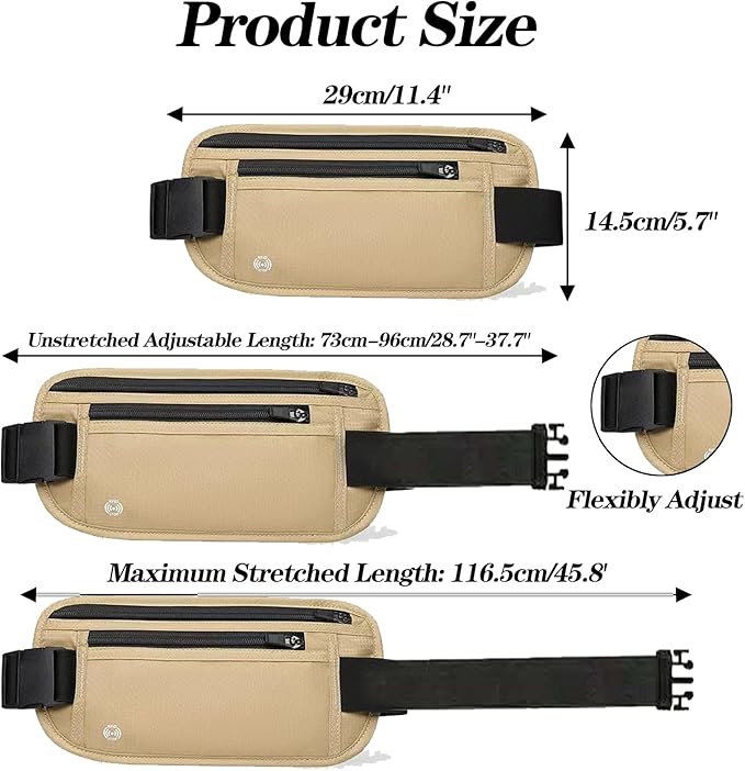 Khaki Hidden Money Belt for Travel for Men, Waist Wallet Anti Theft, RFID Passport Holder For Travel Men Or Women, Money Pouch, RFID Passport Holder