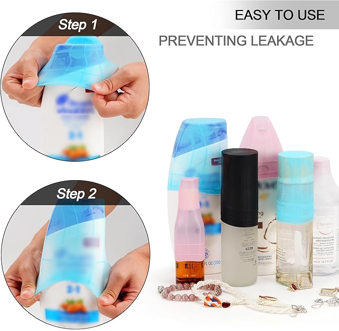 Travel Hanging Toiletry Bag for Women and Men, with 8 Leak Proofing Silicone Bottle Covers, Waterproof Makeup Accessories, Cosmetic Essentials, Cruise Ship Toiletries Bag with Jewelry Organizer, Grey